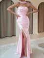 Sheath Straight Pleated Sweep Train Silk Like Satin Corset Prom Dress
