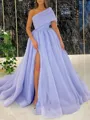 Ball Gown One-Shoulder Sweep Train Organza Prom Dress With Leg Slit