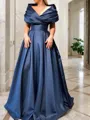 A-Line/Princess V-neck Sweep Train Satin Prom Dress With Ruffles