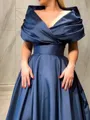 A-Line/Princess V-neck Sweep Train Satin Prom Dress With Ruffles