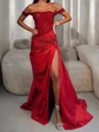 Sheath Off-the-Shoulder Pleated Sweep Train Silk Like Satin Corset Prom Dress