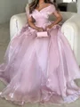A-line Off-the-Shoulder Cascading Ruffles Sweep Train Corset Prom Dress
