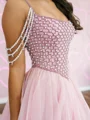 A-line Spaghetti Straps Rhinestone Court Train Chiffon Corset Prom Dress