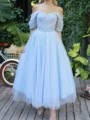 A-line Off-the-Shoulder Rhinestone Ankle-Length Tulle Prom Dress