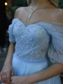 A-line Off-the-Shoulder Rhinestone Ankle-Length Tulle Prom Dress
