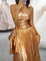 A-line Sweetheart Pleated Court Train Metallic Satin Corset Prom Dress