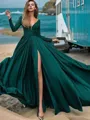 A-Line/Princess V-neck Sweep Train Satin Chiffon Prom Dress With Leg Slit
