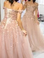 A-line Off-the-Shoulder Sequin Floor-Length Tulle Corset Prom Dress