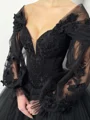 A-line V-neck Long Sleeves Flower Chapel Train Tulle Corset Prom Dress