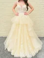 A-line Spaghetti Straps Appliques Lace Floor-Length Tulle Corset Prom Dress