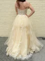 A-line Spaghetti Straps Appliques Lace Floor-Length Tulle Corset Prom Dress