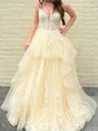 A-line Spaghetti Straps Appliques Lace Floor-Length Tulle Corset Prom Dress