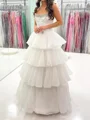 A-line Straight Cascading Ruffles Floor-Length Tulle Corset Prom Dress