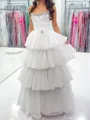 A-line Straight Cascading Ruffles Floor-Length Tulle Corset Prom Dress