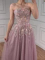 A-line Straight Appliques Lace Floor-Length Tulle Corset Prom Dress