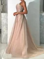 A-line Straight Appliques Lace Sweep Train Tulle Prom Dress