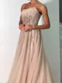 A-line Straight Appliques Lace Sweep Train Tulle Prom Dress