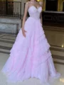 A-line Spaghetti Straps Cascading Ruffles Sweep Train Tulle Corset Prom Dress