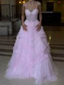 A-line Spaghetti Straps Cascading Ruffles Sweep Train Tulle Corset Prom Dress