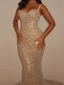 Sheath Straps Sequin Chapel Train Prom Dress