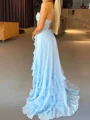 A-line Sweetheart Cascading Ruffles Sweep Train Chiffon Corset Prom Dress