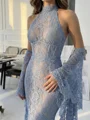 Sheath Halter Appliques Lace Sweep Train Lace Corset Prom Dress