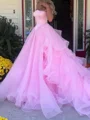 A-line Off-the-Shoulder Ruffles Cathedral Train Tulle Corset Prom Dress
