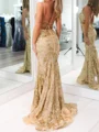 Sheath Spaghetti Straps Appliques Lace Sweep Train Silk Like Satin Corset Prom Dress