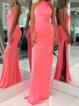 Sheath High Neck Pleated Court Train Jersey Prom Dress