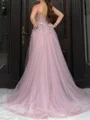 A-line Sweetheart Appliques Lace Sweep Train Tulle Corset Prom Dress