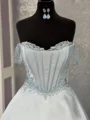 A-line Off-the-Shoulder Appliques Lace Floor-Length Satin Corset Prom Dress