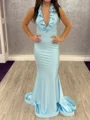 Mermaid Halter Ruffles Sweep Train Jersey Prom Dress