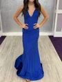 Mermaid Halter Pleated Court Train Jersey Prom Dress