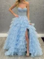 A-line Sweetheart Cascading Ruffles Floor-Length Tulle Corset Prom Dress