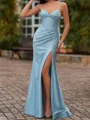 Sheath Spaghetti Straps Pleated Sweep Train Corset Prom Dress