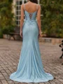 Sheath Spaghetti Straps Pleated Sweep Train Corset Prom Dress