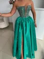 A-line Straight Rhinestone Floor-Length Satin Corset Prom Dress
