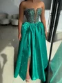 A-line Straight Rhinestone Floor-Length Satin Corset Prom Dress