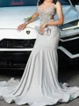 Mermaid Straps Rhinestone Court Train Prom Dress