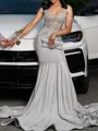 Mermaid Straps Rhinestone Court Train Prom Dress