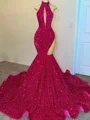 Mermaid High Neck Sequin Sweep Train Velvet Sequins Prom Dress