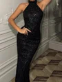 Sheath High Neck Sequin Floor-Length Sequins Prom Dress