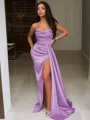 Sheath/Column Strapless Sweep Train Silk Like Satin Prom Dress With Leg Slit