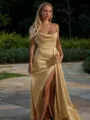 Sheath/Column Strapless Sweep Train Silk Like Satin Prom Dress With Leg Slit