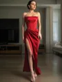 Sheath/Column Strapless Sweep Train Satin Prom Dress With Leg Slit