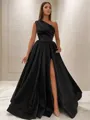 A-Line/Princess One-Shoulder Sweep Train Satin Prom Dress With Leg Slit