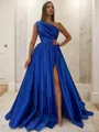 A-Line/Princess One-Shoulder Sweep Train Satin Prom Dress With Leg Slit