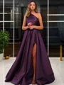 A-Line/Princess One-Shoulder Sweep Train Satin Prom Dress With Leg Slit
