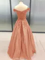 Ball Gown Off-the-Shoulder Floor-Length Satin Prom Dress With Appliques Lace