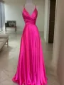 A-Line/Princess V-neck Sweep Train Silk Like Satin Prom Dress